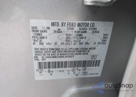 2009 Lincoln Mkx from USA, damaged, VIN 2LMDU88C09BJ03627